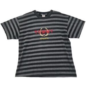 Vintage "Tommy Sports" ~Men's Size XL~ Gray Striped Embroidered Logo T-Shirt.